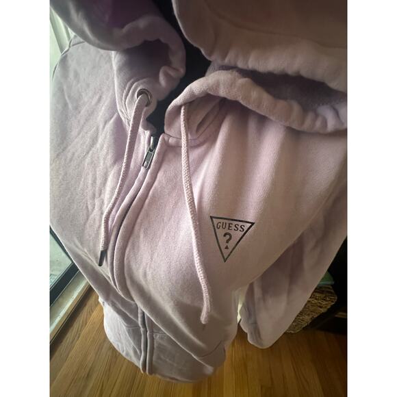 Guess Purple Full-Zip Hoodie – Sequin Logo Sleeve, Soft & Stylish - Picture 2 of 7